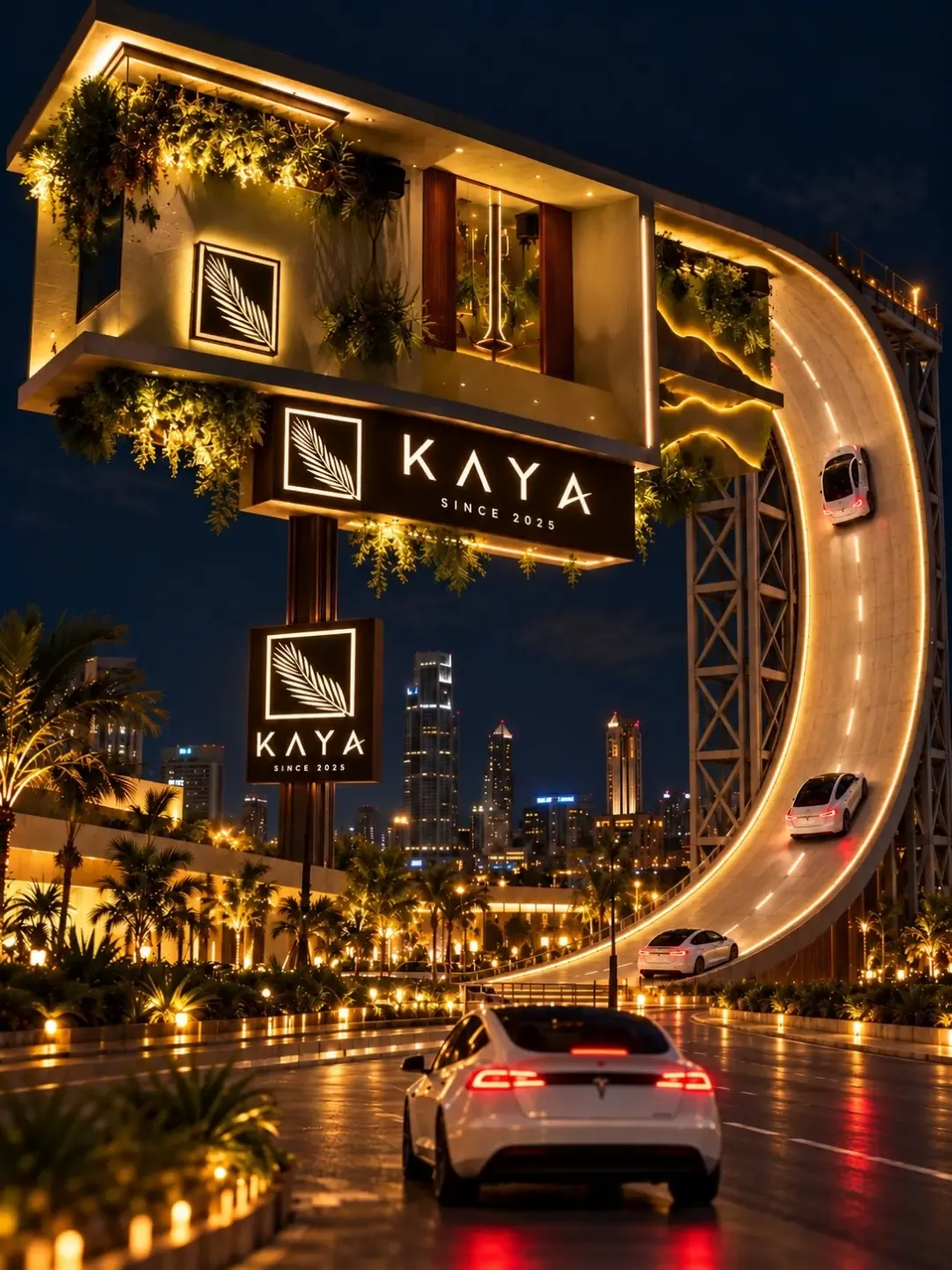 Kaya's gold-lit facade at night, North Nazimabad